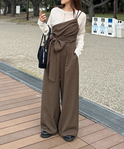 リボン付きワンショルダーオールインワン（つなぎ/オールインワン