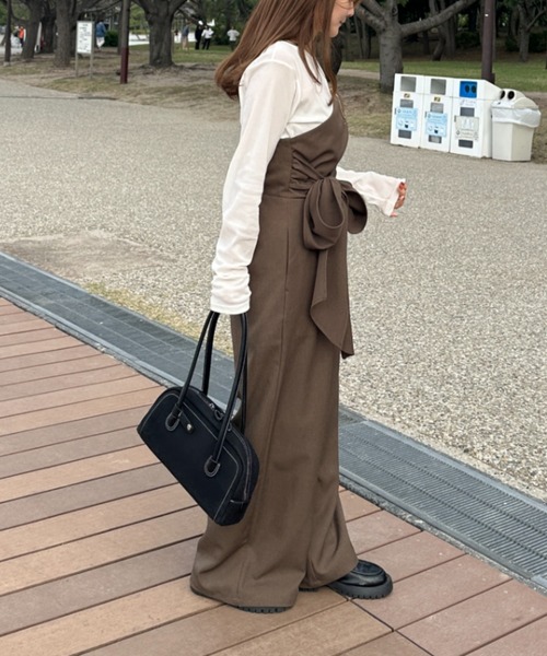 リボン付きワンショルダーオールインワン（つなぎ/オールインワン