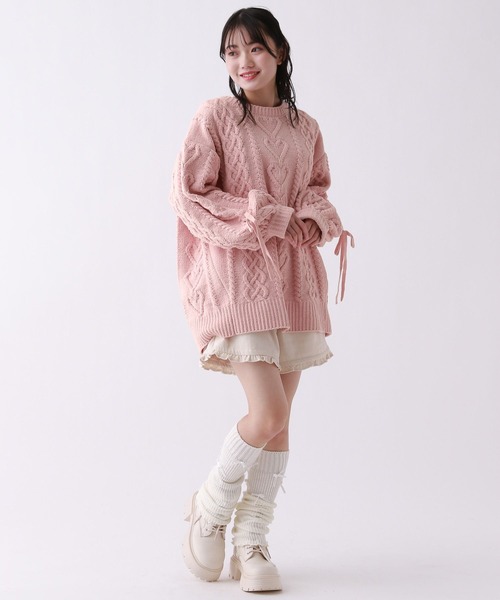 セール】【girly line】【洗えるニット】ケーブルニットミニワンピース