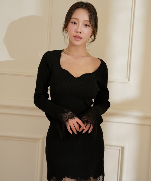 【EIMY ISTOIRE】Hert neckニットワンピース セール】レーストリムHeart neckニットワンピース（ワンピース）｜EIMY