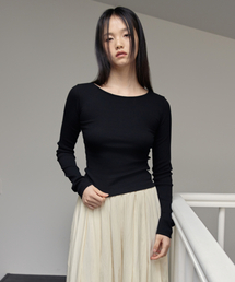 Ribbed Boat-neck Slim T-Shirts (Black)