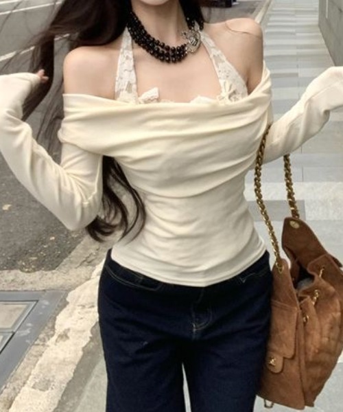 ViViDAY(ビビデー)の「【2点セット】リボンレースキャミ+ワンショルダーカットソー(Tシャツ/カットソー・レディース・ホワイト/ブラック/グレー・M)」の5枚目の写真