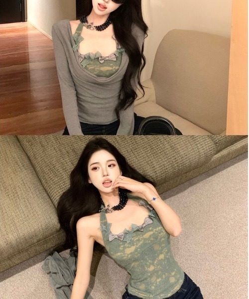ViViDAY(ビビデー)の「【2点セット】リボンレースキャミ+ワンショルダーカットソー(Tシャツ/カットソー・レディース・ホワイト/ブラック/グレー・M)」の10枚目の写真
