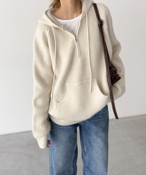 CANAL JEAN（キャナルジーン）の「El mar　あぜ編みウールハーフZIPパーカー（ニット/セーター・レディース・アイボリー/チャコールグレー・ONE SIZE）」の2枚目の写真