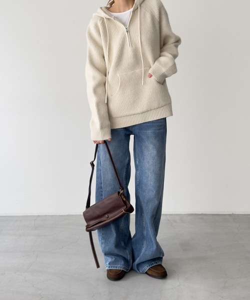 CANAL JEAN（キャナルジーン）の「El mar　あぜ編みウールハーフZIPパーカー（ニット/セーター・レディース・アイボリー/チャコールグレー・ONE SIZE）」の13枚目の写真