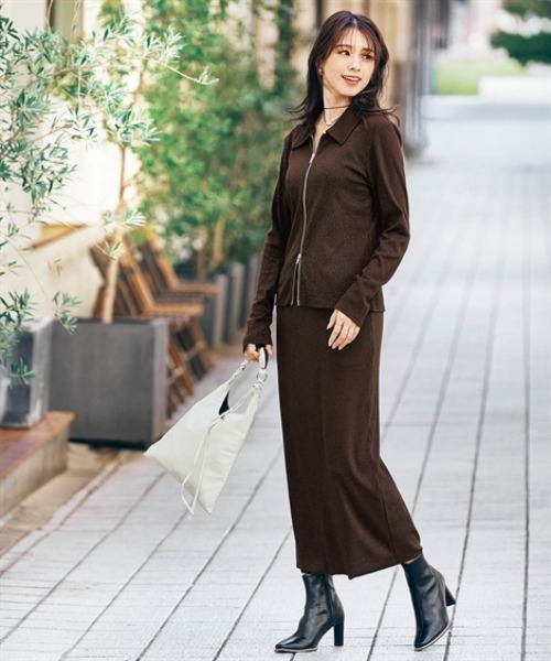 nissen（ニッセン）の「ラメリブカットソー襟付きWジップトップス（セットアップ可能）（その他トップス・レディース・ブラック系/ブラウン系・S/M/L/LL）」の4枚目の写真