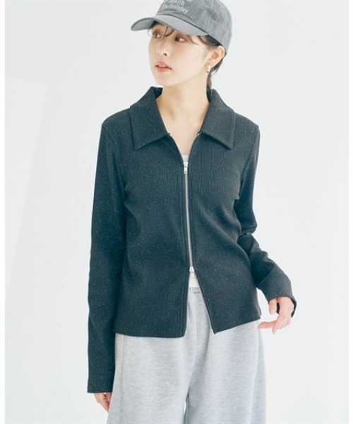 nissen（ニッセン）の「ラメリブカットソー襟付きWジップトップス（セットアップ可能）（その他トップス・レディース・ブラック系/ブラウン系・S/M/L/LL）」の7枚目の写真