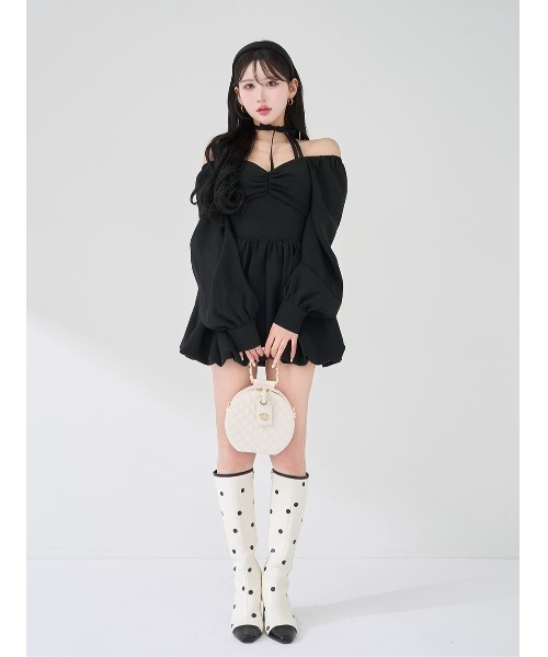 darich ダーリッチ ウエストコルセットバルーンミニワンピース ブラック ウエストコルセットバルーンミニワンピース（ワンピース）｜Darich