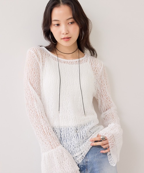 VIS(ビス)の「フレアスリーブレーストップス(Tシャツ/カットソー・レディース・オフホワイト/ブラック・FREE)」の2枚目の写真