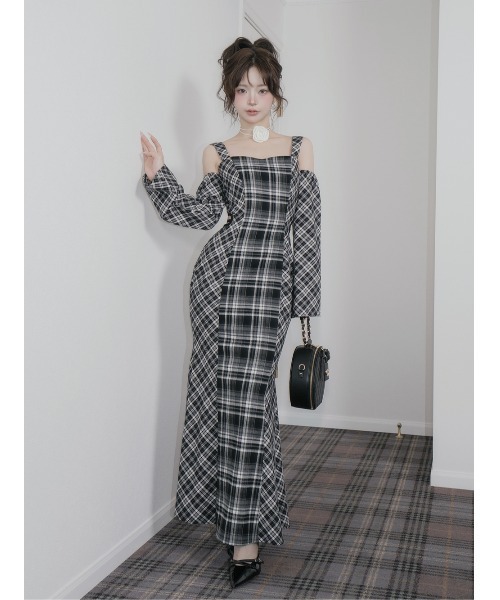 バックオープンチェックマーメイドロングワンピース（ワンピース