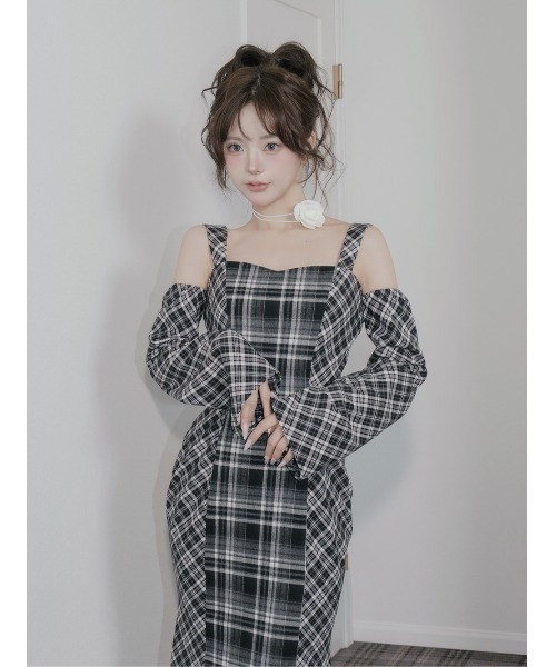 バックオープンチェックマーメイドロングワンピース（ワンピース