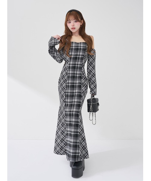 バックオープンチェックマーメイドロングワンピース（ワンピース