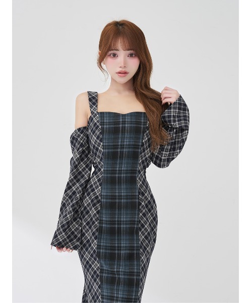 ダーリッチ バックオープンチェックマーメイドロングワンピース ネイビー バックオープンチェックマーメイドロングワンピース（ワンピース