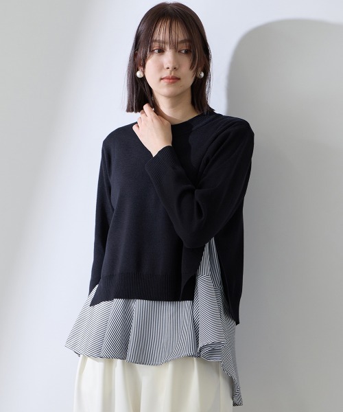 QUEENS COURT（クイーンズコート）の「サイドスリットニット×ペプラムヘムインナーSET≪手洗い可能≫（ニット/セーター・レディース・ネイビー/ホワイト系その他・M）」の2枚目の写真