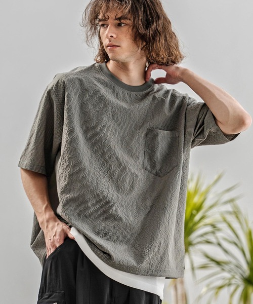 CAMBIO(カンビオ)の「mt10332-裾ドローコード付きシアサッカーTシャツ(BP-BFS0104)(Tシャツ/カットソー・メンズ・グレー/ブラック/ネイビー・S/M/L)」の3枚目の写真