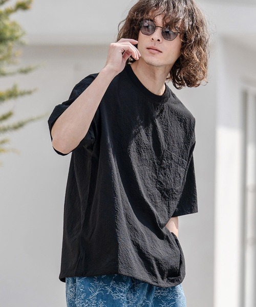 CAMBIO(カンビオ)の「mt10332-裾ドローコード付きシアサッカーTシャツ(BP-BFS0104)(Tシャツ/カットソー・メンズ・グレー/ブラック/ネイビー・S/M/L)」の2枚目の写真