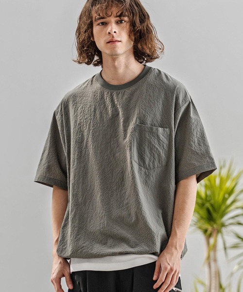 CAMBIO(カンビオ)の「mt10332-裾ドローコード付きシアサッカーTシャツ(BP-BFS0104)(Tシャツ/カットソー・メンズ・グレー/ブラック/ネイビー・S/M/L)」の4枚目の写真