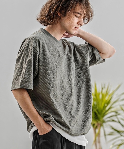 CAMBIO(カンビオ)の「mt10332-裾ドローコード付きシアサッカーTシャツ(BP-BFS0104)(Tシャツ/カットソー・メンズ・グレー/ブラック/ネイビー・S/M/L)」の5枚目の写真