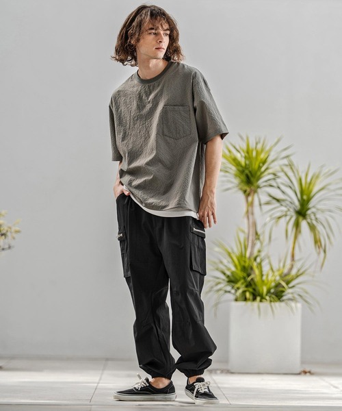 CAMBIO(カンビオ)の「mt10332-裾ドローコード付きシアサッカーTシャツ(BP-BFS0104)(Tシャツ/カットソー・メンズ・グレー/ブラック/ネイビー・S/M/L)」の6枚目の写真