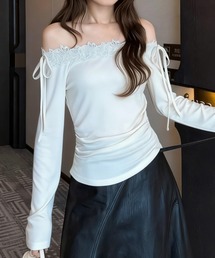 【Mellfy】レーストリム オフショルダー リボンデザイン 長袖 トップス