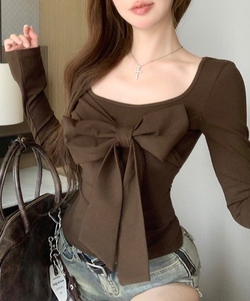 Alvia(アルビア)の「リボントップス(Tシャツ/カットソー・レディース・モカ/ブラック・M)」の1枚目の写真