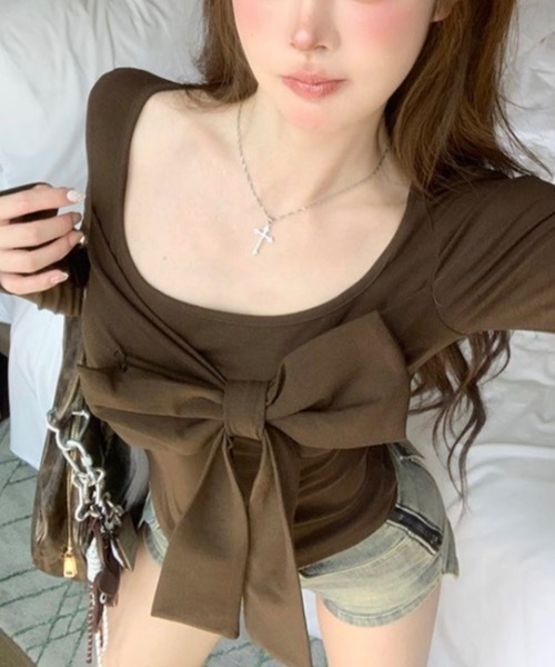 Alvia(アルビア)の「リボントップス(Tシャツ/カットソー・レディース・モカ/ブラック・M)」の4枚目の写真