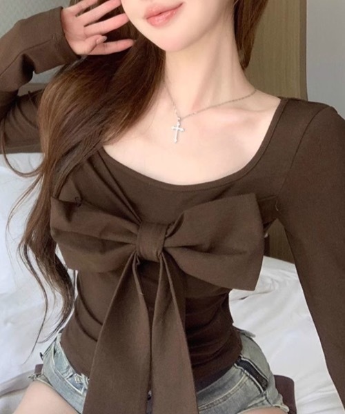 Alvia(アルビア)の「リボントップス(Tシャツ/カットソー・レディース・モカ/ブラック・M)」の7枚目の写真
