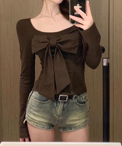 Alvia(アルビア)の「リボントップス(Tシャツ/カットソー・レディース・モカ/ブラック・M)」の3枚目の写真