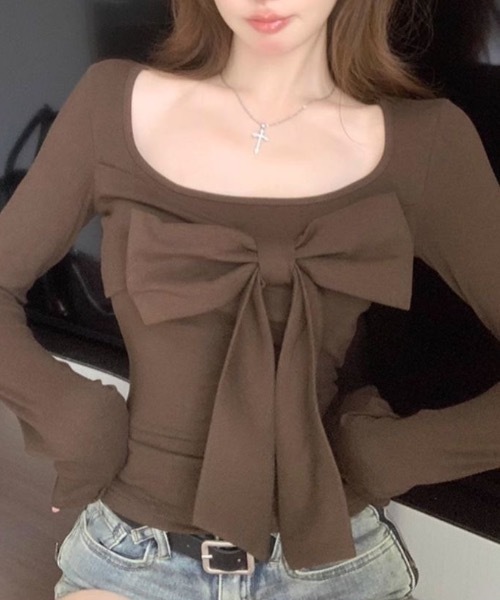 Alvia(アルビア)の「リボントップス(Tシャツ/カットソー・レディース・モカ/ブラック・M)」の5枚目の写真