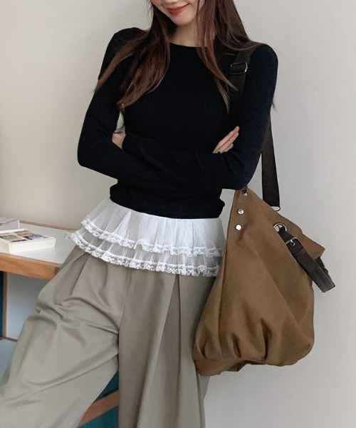 Emilie（エミリー）の「裾フリルレイヤードロンT（Tシャツ/カットソー・レディース・グレー/ブラック/ホワイト・M）」の15枚目の写真
