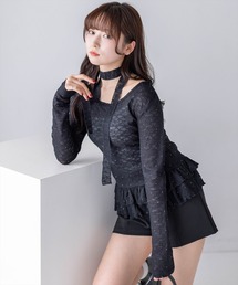clear（クリア）の「チョーカー付きラインストーンレースフリルトップス［骨格ウェーブ/シアー/透け感/フェミニン］（Tシャツ/カットソー）」