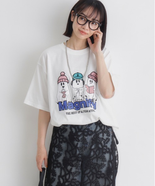 Right-on(ライトオン)の「HONEYSUCKLE ROSE(ハニーサックルローズ)おばけプリントビッグT(Tシャツ/カットソー・レディース・ホワイト/ダークグレー・L/M)」の1枚目の写真