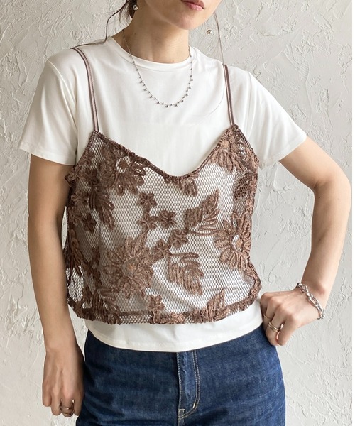 セール】コード 刺繍 ショート丈 花柄 メッシュ ビスチェ キャミソール