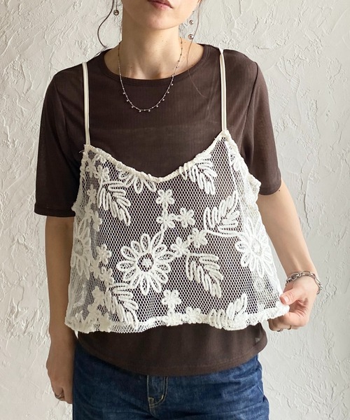 D＆G 花柄キャミソール セール】コード 刺繍 ショート丈 花柄 メッシュ ビスチェ キャミソール