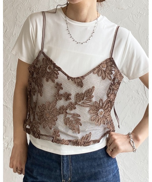She's Closet(シーズクローゼット)の「コード 刺繍 ショート丈 花柄 メッシュ ビスチェ キャミソール(キャミソール・レディース・ブラウン/オフホワイト/ブラック・FREE)」の12枚目の写真