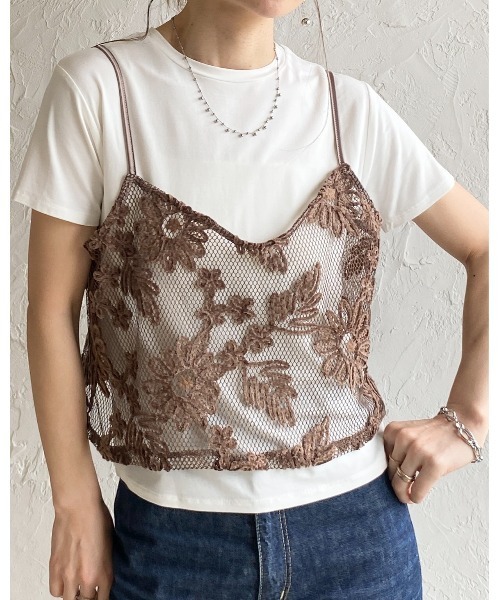 She's Closet(シーズクローゼット)の「コード 刺繍 ショート丈 花柄 メッシュ ビスチェ キャミソール(キャミソール・レディース・ブラウン/オフホワイト/ブラック・FREE)」の13枚目の写真
