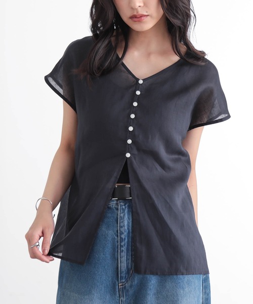 for/c(フォーシー)の「麻混シアーカーデシャツ【サスティナブル】(シャツ/ブラウス・レディース・オフホワイト/ネイビー・L/M)」の2枚目の写真