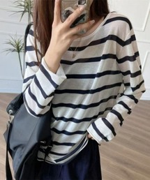 冷房・日差し対策ボーダー薄手ロングスリーブトップス