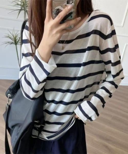 Achic(アシック)の「冷房・日差し対策ボーダー薄手ロングスリーブトップス(Tシャツ/カットソー・レディース・ネイビー/ブラック・M)」の1枚目の写真