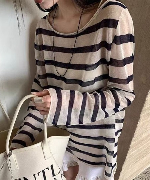 Achic(アシック)の「冷房・日差し対策ボーダー薄手ロングスリーブトップス(Tシャツ/カットソー・レディース・ネイビー/ブラック・M)」の6枚目の写真