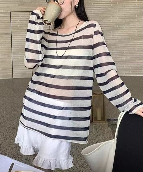 Achic(アシック)の「冷房・日差し対策ボーダー薄手ロングスリーブトップス(Tシャツ/カットソー・レディース・ネイビー/ブラック・M)」の14枚目の写真