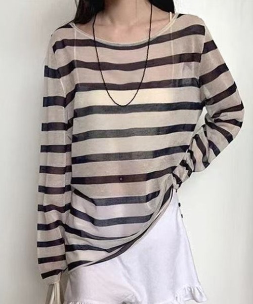 Achic(アシック)の「冷房・日差し対策ボーダー薄手ロングスリーブトップス(Tシャツ/カットソー・レディース・ネイビー/ブラック・M)」の15枚目の写真