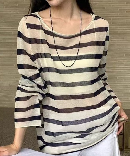 Achic(アシック)の「冷房・日差し対策ボーダー薄手ロングスリーブトップス(Tシャツ/カットソー・レディース・ネイビー/ブラック・M)」の17枚目の写真
