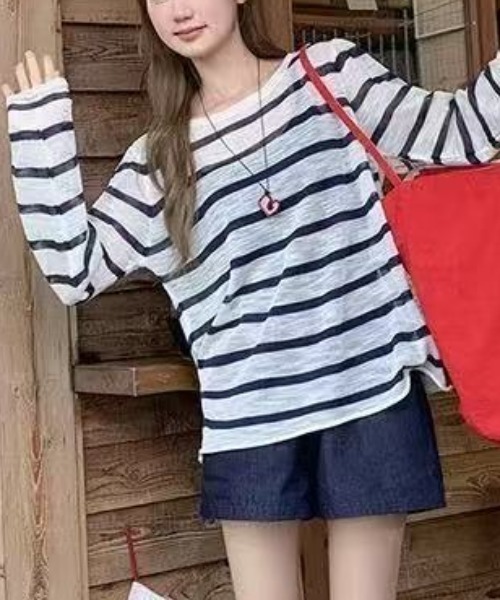 Achic(アシック)の「冷房・日差し対策ボーダー薄手ロングスリーブトップス(Tシャツ/カットソー・レディース・ネイビー/ブラック・M)」の18枚目の写真