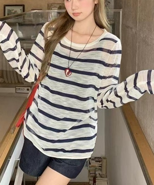 Achic(アシック)の「冷房・日差し対策ボーダー薄手ロングスリーブトップス(Tシャツ/カットソー・レディース・ネイビー/ブラック・M)」の21枚目の写真