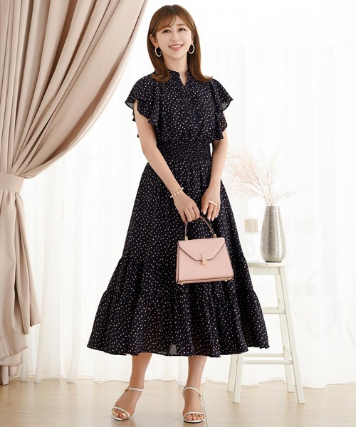 Prima Scherrer(プリマシェレル)の「シャーリングフリルシフォンプリントワンピース Prima Scherrer(ワンピース・レディース・ネイビー/サックスブルー/ピンク・フリー)」の1枚目の写真
