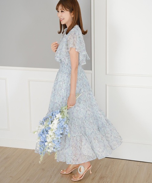 Prima Scherrer(プリマシェレル)の「シャーリングフリルシフォンプリントワンピース Prima Scherrer(ワンピース・レディース・ネイビー/サックスブルー/ピンク・フリー)」の2枚目の写真