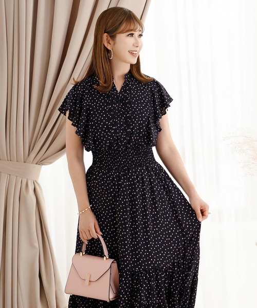 Prima Scherrer(プリマシェレル)の「シャーリングフリルシフォンプリントワンピース Prima Scherrer(ワンピース・レディース・ネイビー/サックスブルー/ピンク・フリー)」の6枚目の写真