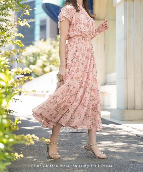 Prima Scherrer(プリマシェレル)の「シャーリングフリルシフォンプリントワンピース Prima Scherrer(ワンピース・レディース・ネイビー/サックスブルー/ピンク・フリー)」の9枚目の写真