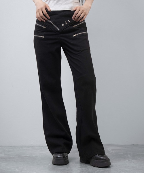 FOLLOWIN(フォロウィン)の「アイレットウエスト マルチジップストレートパンツ(デニムパンツ・レディース・ブラック・SMALL/MEDIUM)」の2枚目の写真